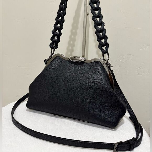 Black Togo Cowhide Leather Handmade Custom Metal Frame Handbag & 2 Strap Styles - Picture 4 of 16